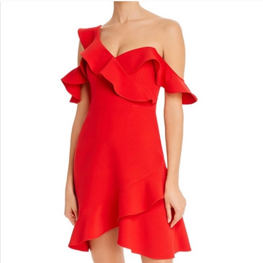 NWT BCBGMaxAzria Malik One-Shoulder Asymmetrical Mini Dress in Red, 12